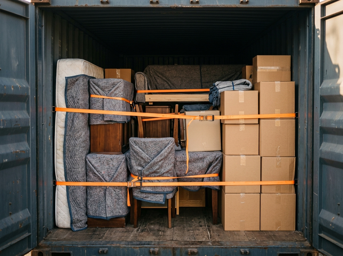 The inside of a shipping container packed with blanket-wrapped furniture and boxes, secured with straps.