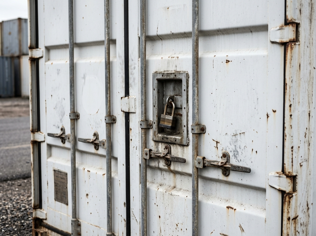 Close-up of a shipping container's closed doors, locking bars and lock box.