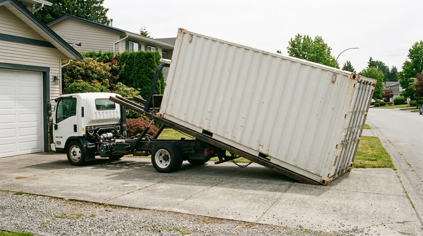 A tilt-deck truck lowering a shipping container onto a residential driveway.