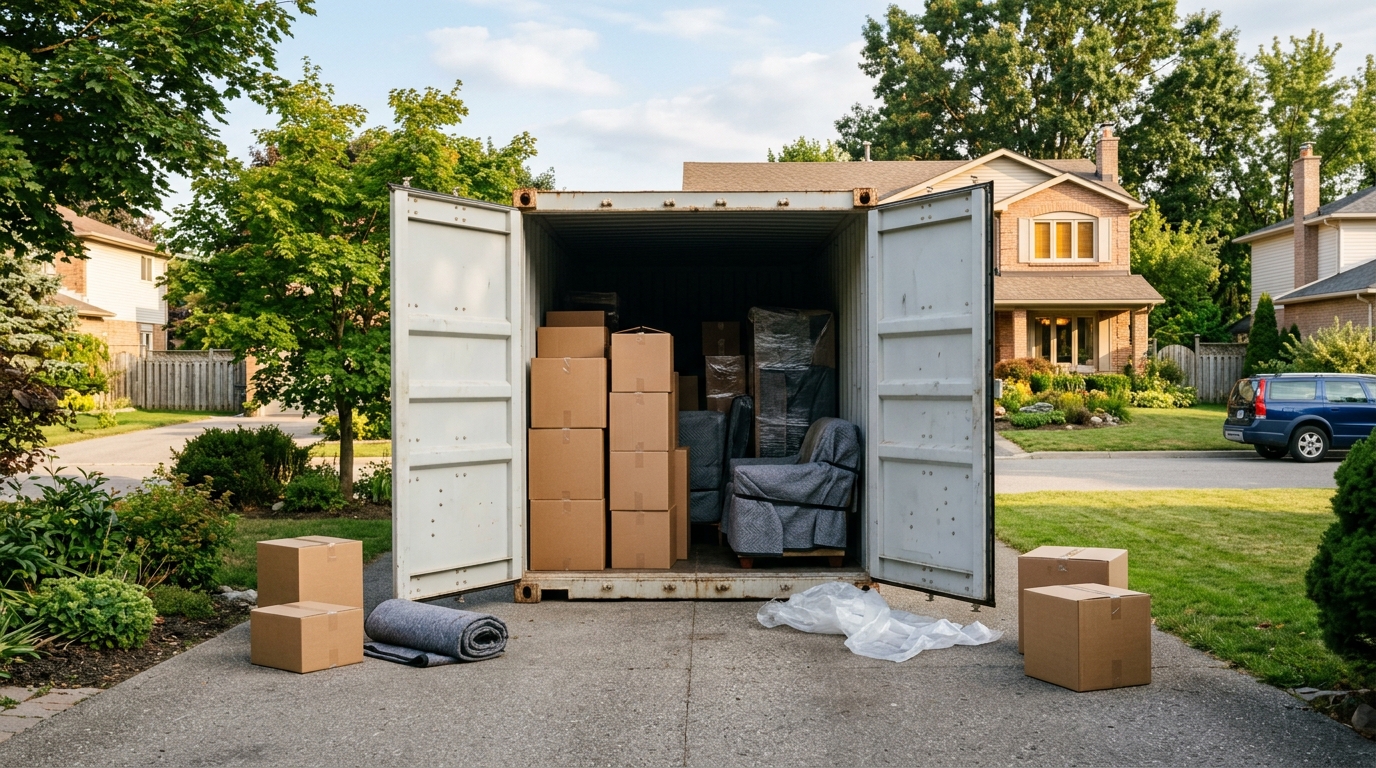 An open shipping container on a driveway, partly loaded with boxes and blanket-wrapped furniture.