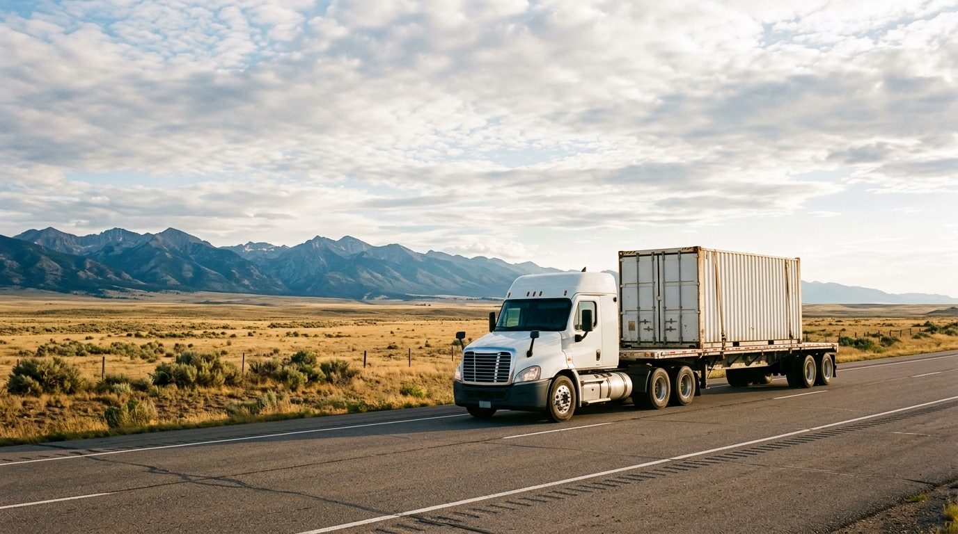 A truck hauling a shipping container along a highway through open Canadian landscape.