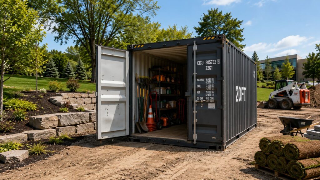 Shipping container used for landscaping equipment and job site storage on a commercial property