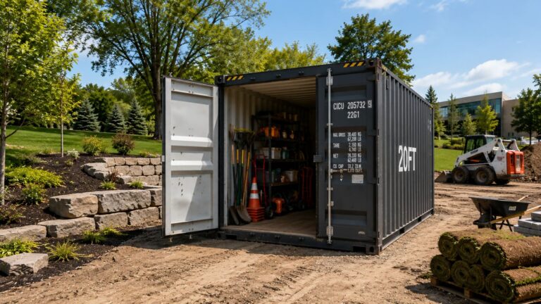 Shipping container used for landscaping equipment and job site storage on a commercial property