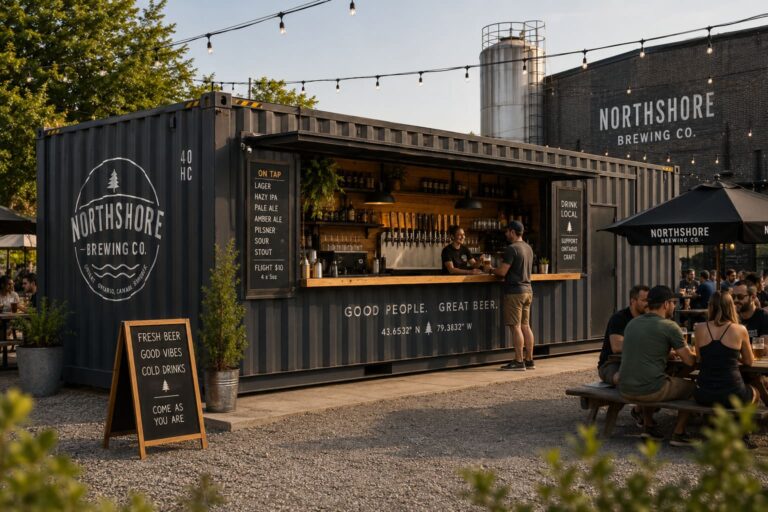 Converted shipping container used as a craft brewery taproom and outdoor bar service unit