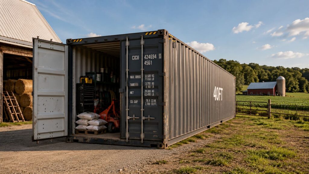 Used shipping container used for farm equipment and agricultural storage on a rural property
