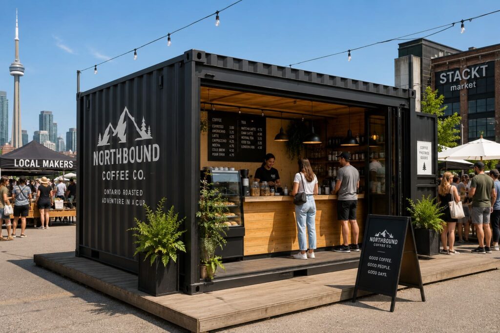 Converted shipping container used as a retail pop-up shop at an outdoor market