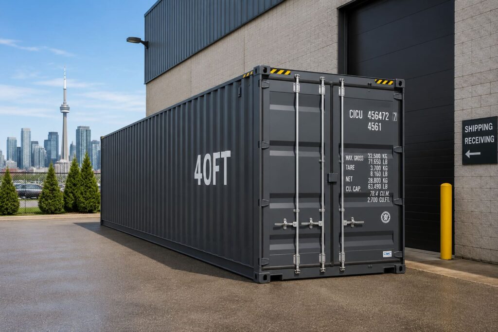 Shipping container used for business storage at a commercial property in Ontario