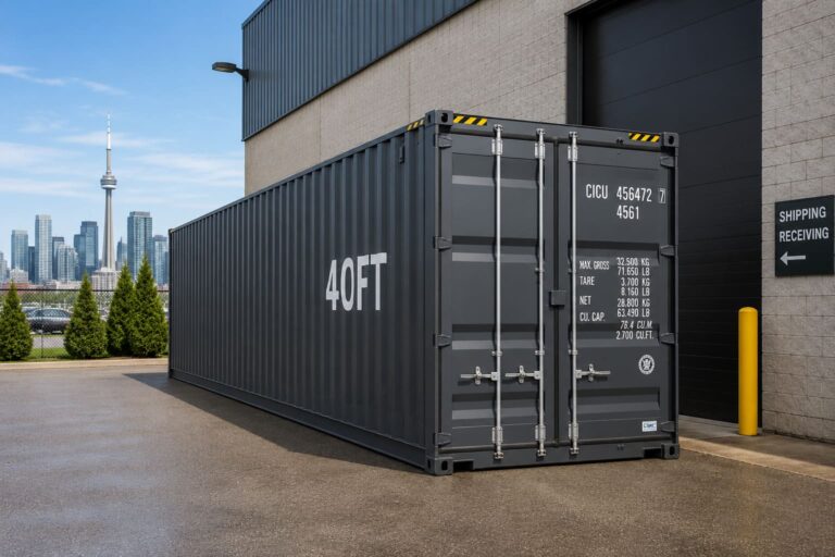 Shipping container used for business storage at a commercial property in Ontario