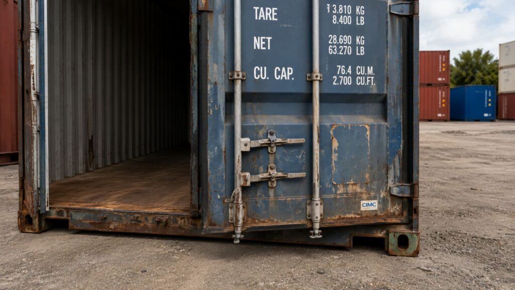 Used shipping container with open doors showing interior floor condition for pre-purchase inspection