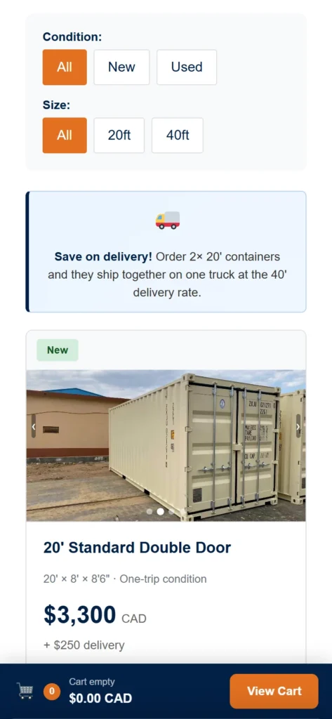Live container prices for a Toronto address, on a phone