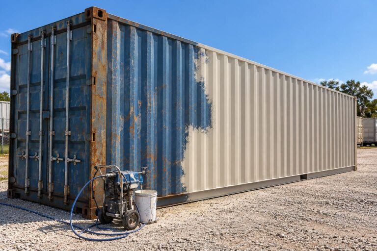 Used shipping container partially repainted showing before and after rust-resistant metal paint