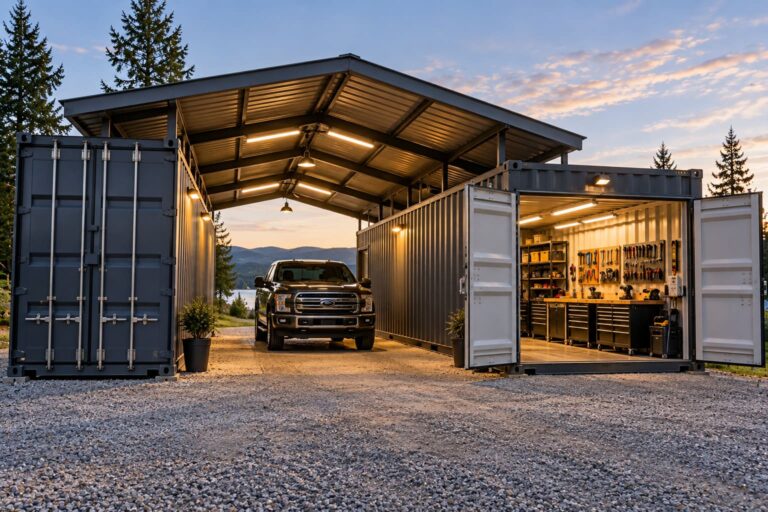 Two shipping containers with a roof between them forming a garage and workshop with a car and tool bench
