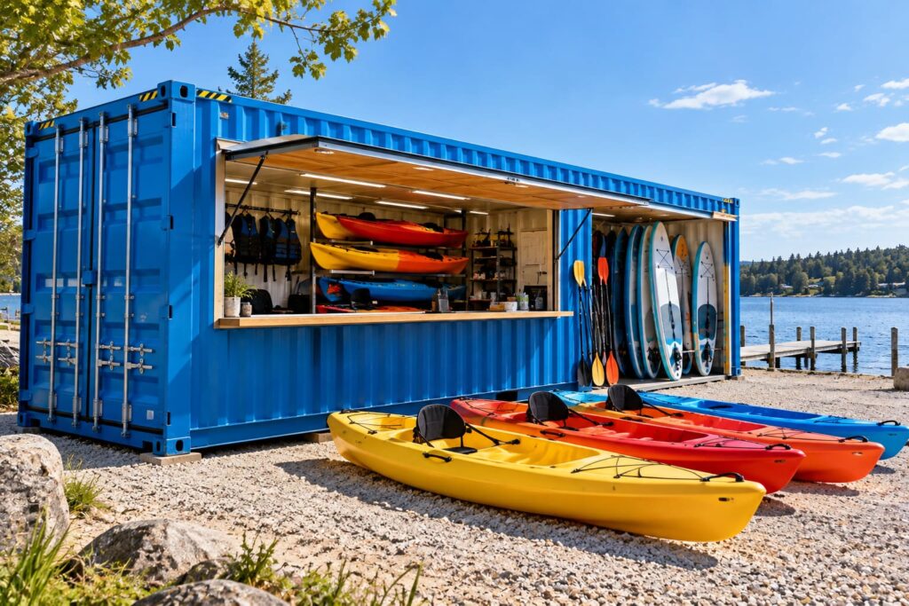 Shipping container converted into a kayak and paddleboard rental shop with an open service window by the water