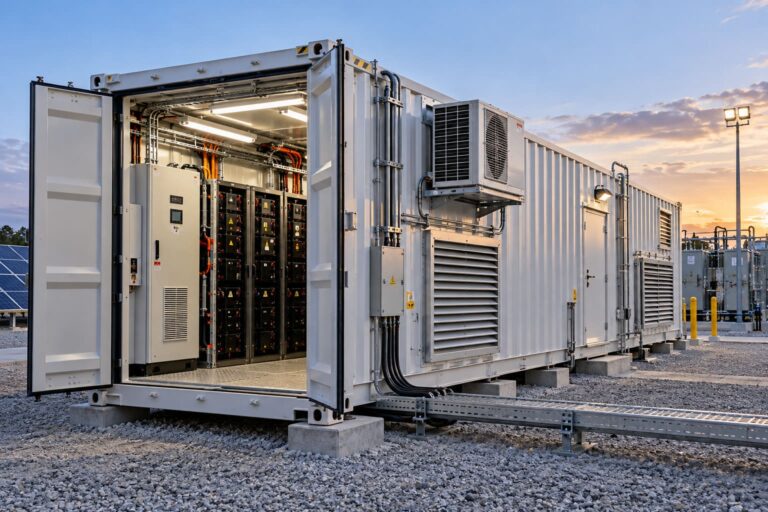 Shipping container converted into an electrical room and technical equipment enclosure on an industrial site