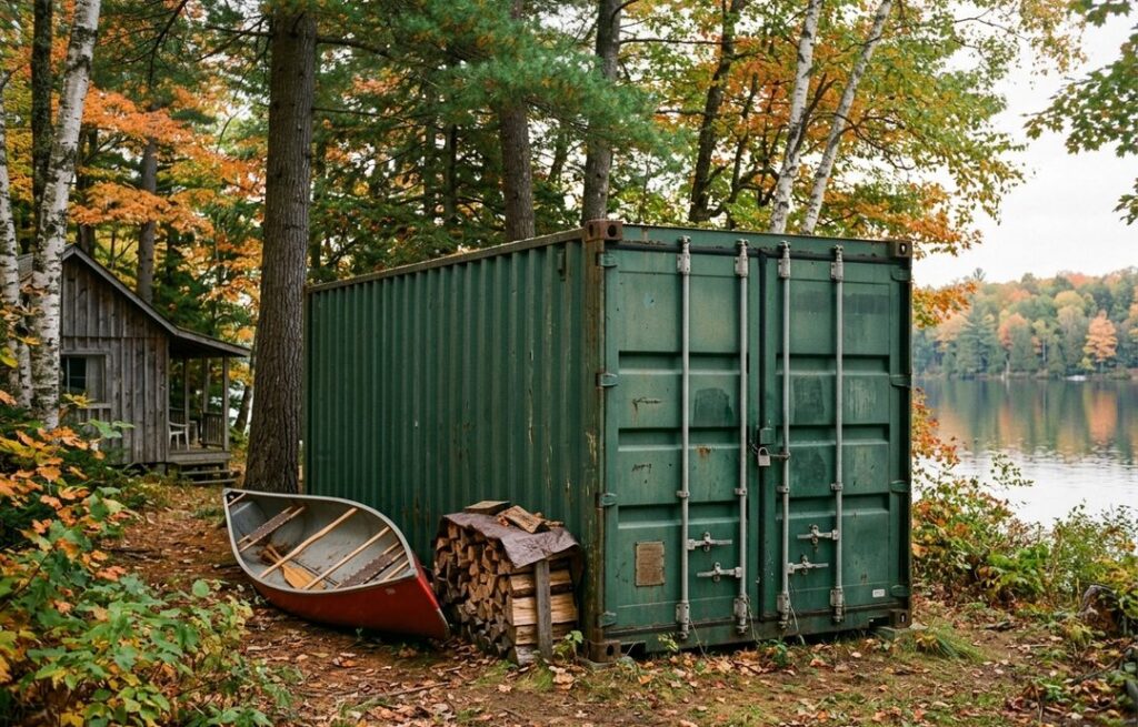 Shipping container used for cottage & seasonal storage