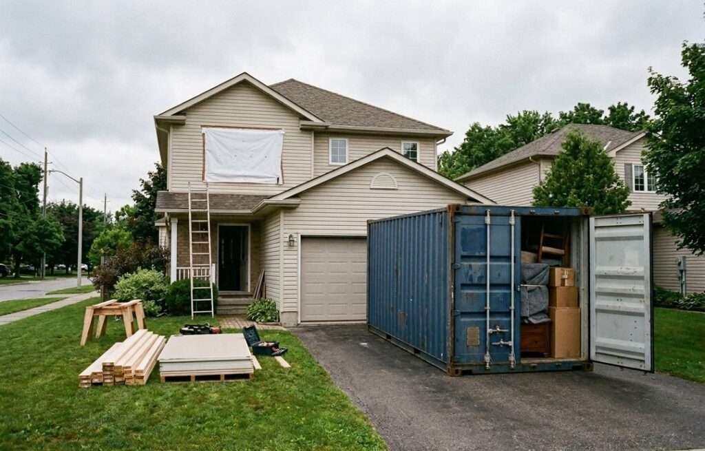 Shipping container used for renovation storage